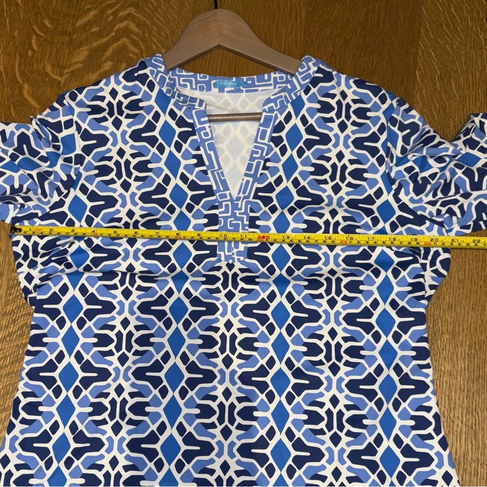 J. McLaughlin Catalina Cloth Tunic Top Size Large Blue White Geometric Coastal - Picture 10 of 12